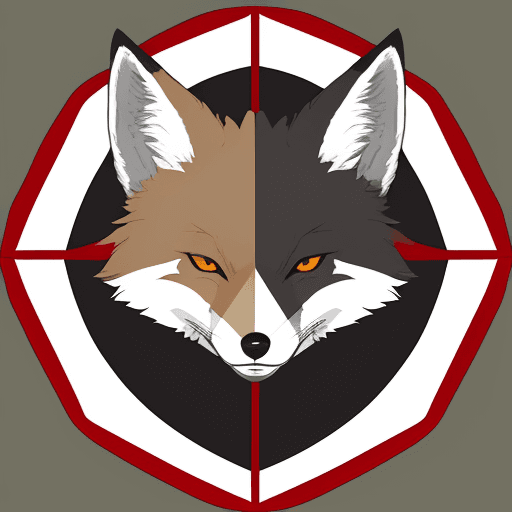 AI generated: Create a shield-shaped military insignia. The top section is a red background with a white fox's hea...