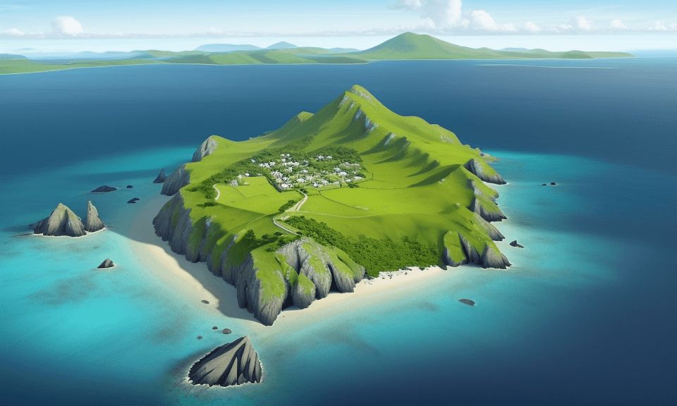 AI generated: bird's eye view high up looking down of a simple island. you can see the mainland in the background....