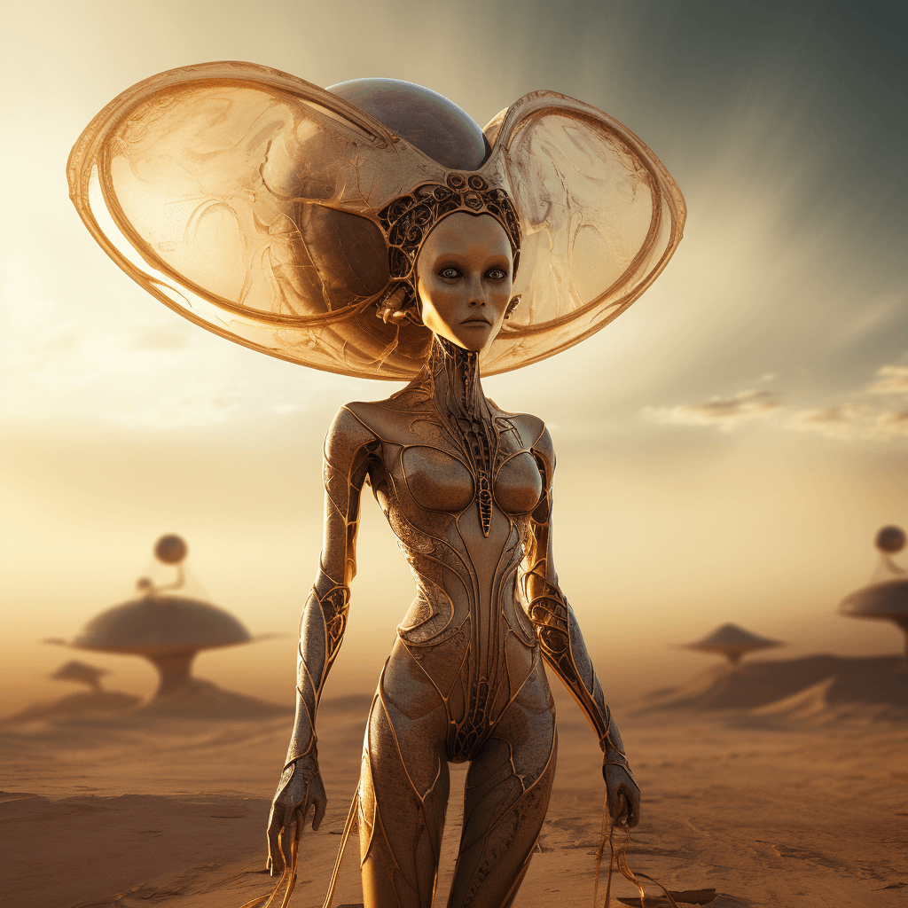 AI generated: full body of alien shaped like woman, big golden eyes, mars planet, photo, digital art, fantasy --v ...