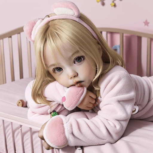AI generated: blonde haired girl with pacifier in mouth wearing pink onesie pajamas and mittens, laying in crib