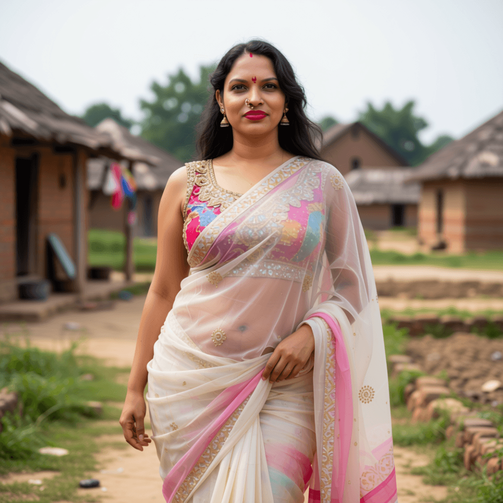 AI generated: AN indian 30 year chubby fair ,drop saree ,open naval,
  village out door with transparent saree