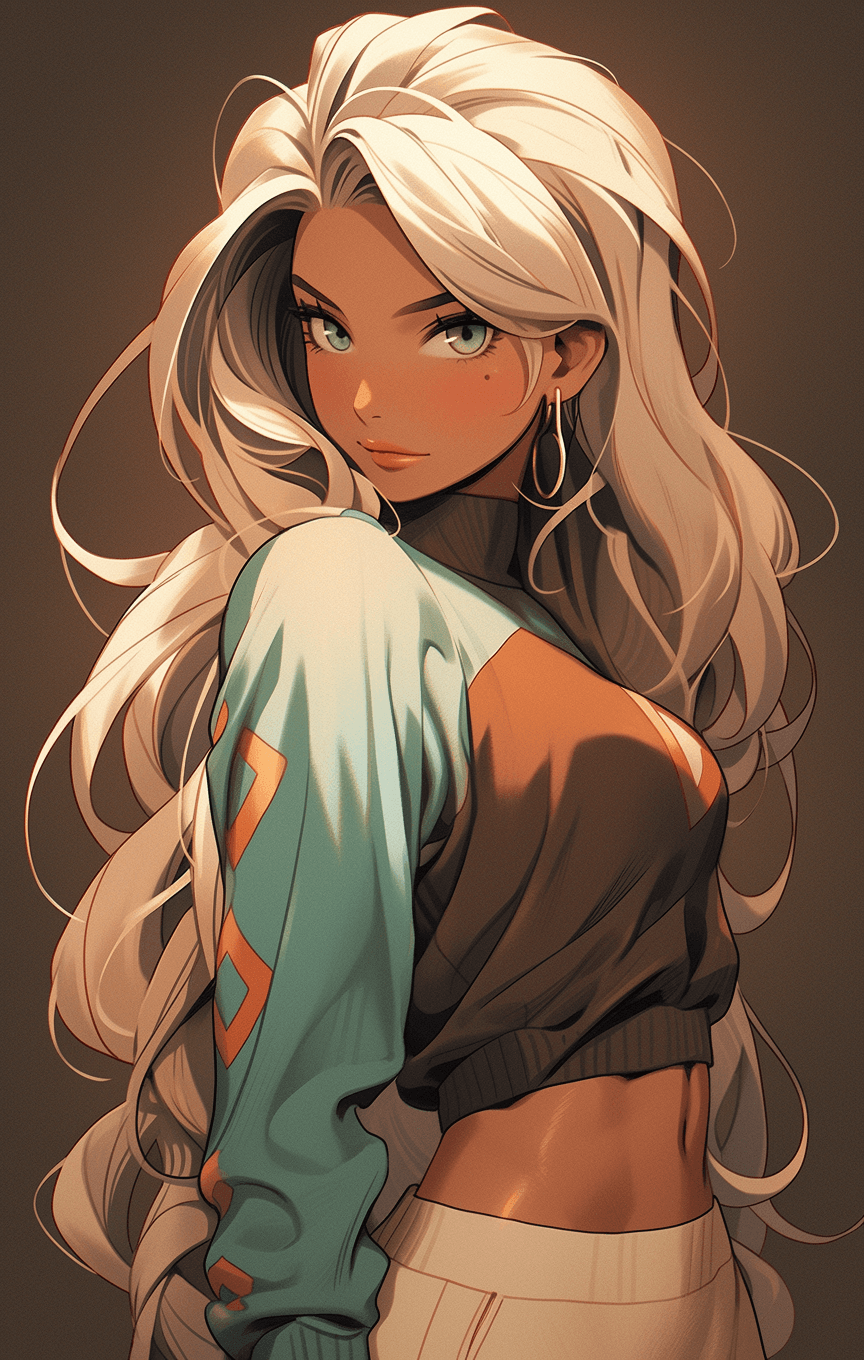 AI generated: a model girl in a workout outfit with white hair, in the style of light brown and emerald, emphasis ...