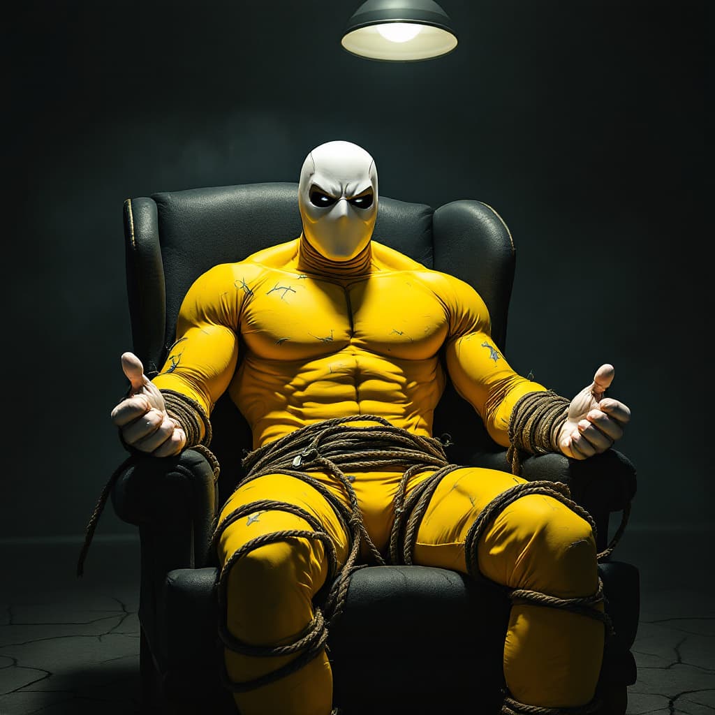 AI generated: A heroic figure dressed in a bright yellow suit, once confident and strong, now sits helplessly boun...