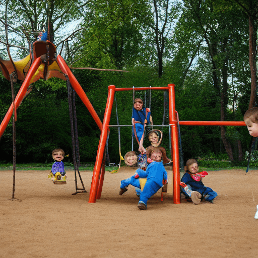 AI generated: High resolution photography destroyed buildigs, swing child on the playground