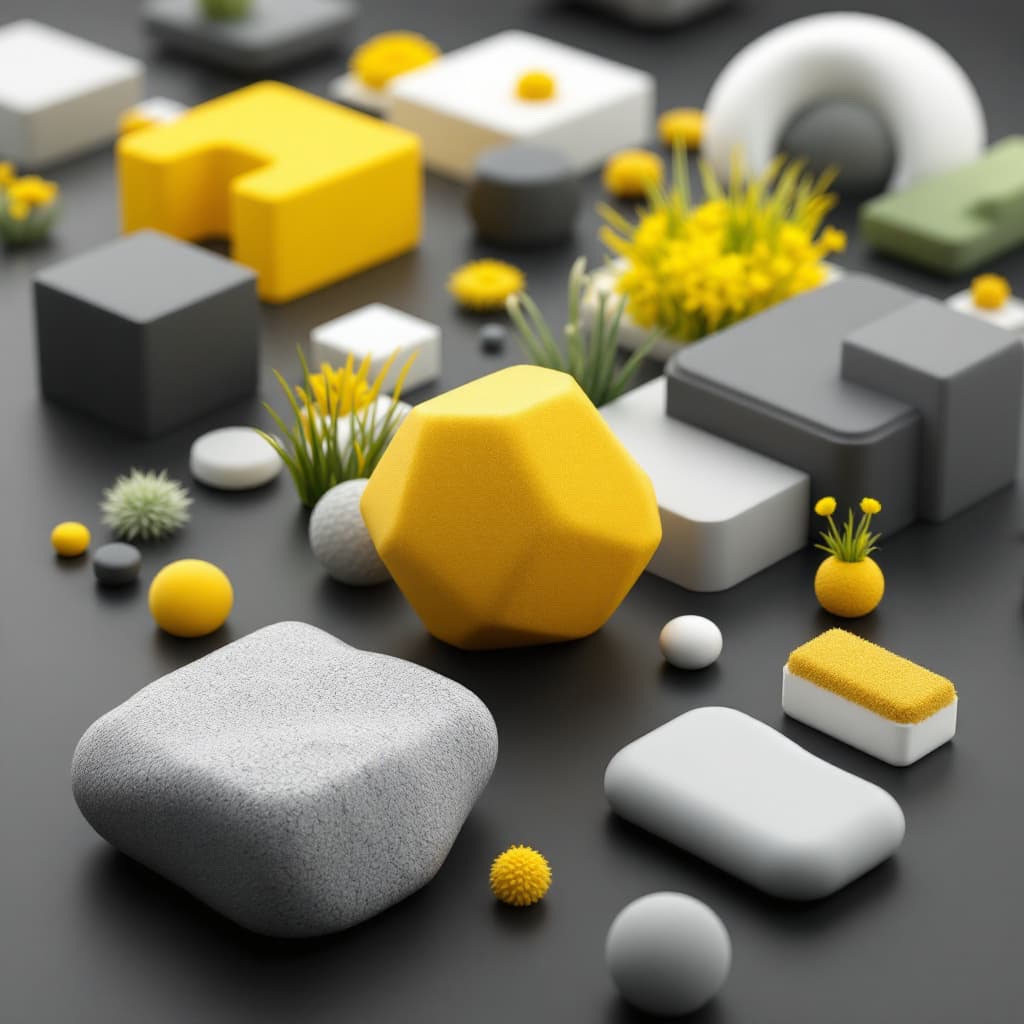 AI generated: 3D geometric shapes, grassy greens and bright yellows, extreme greys, various smooth textures, trans...