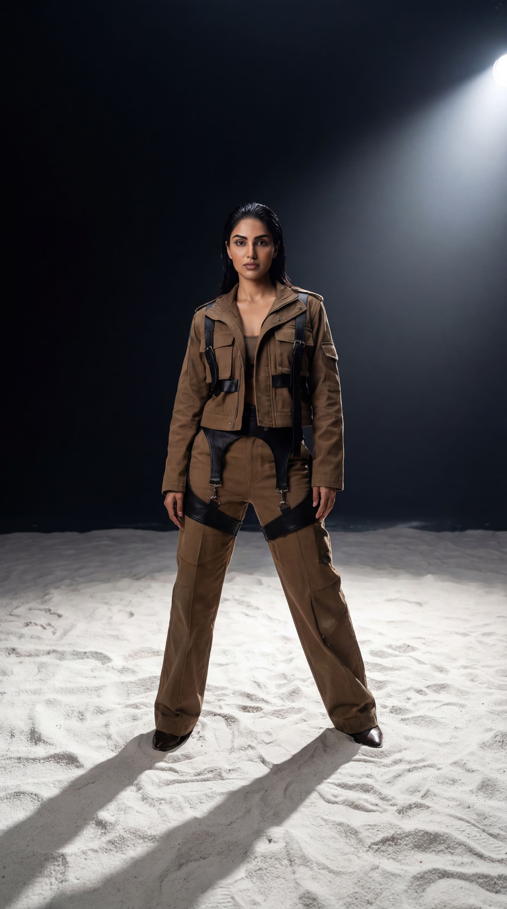 AI generated: A high-fashion editorial photoshoot featuring a confident model standing alone in a vast minimalist ...