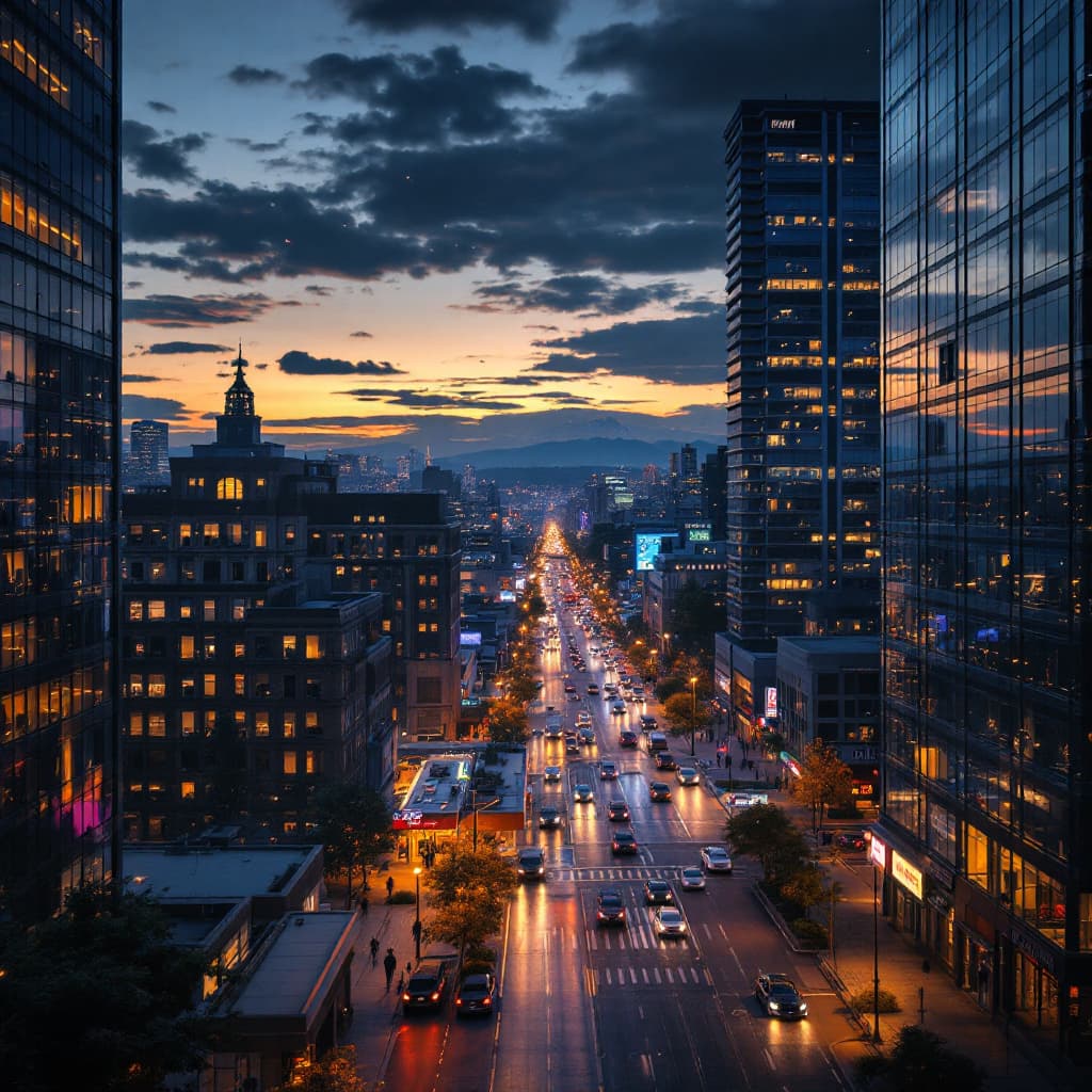 AI generated: Hyper realistic  exterior photo from a The CAMERA that now descends towards Seattle, at night fall, ...