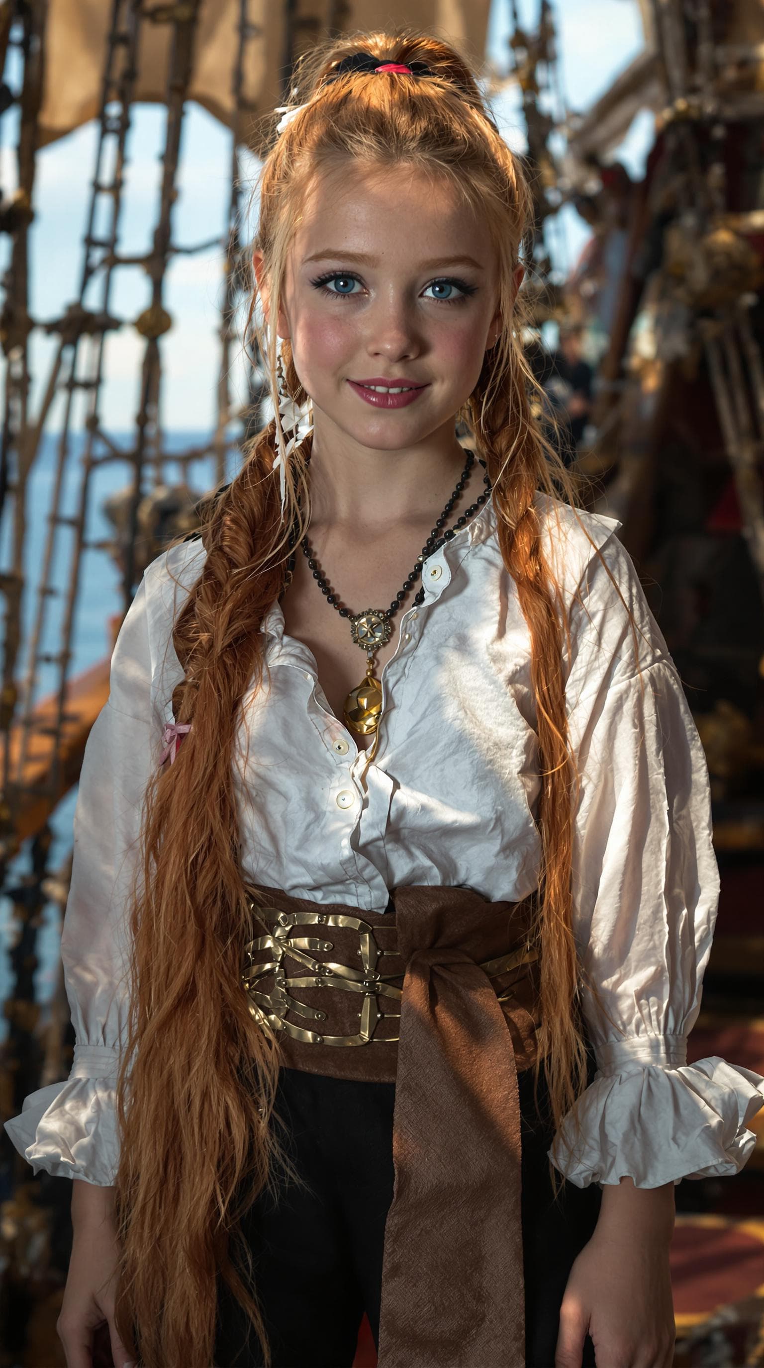 AI generated: a professional photo of a exceptionally beautiful girl aboard pirate ship (age 11), (eleven year old...