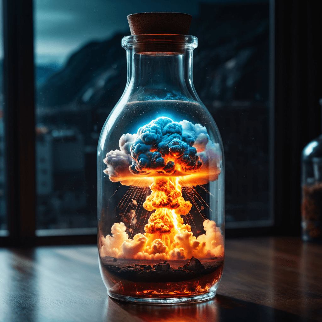 AI generated: nuclear explosion inside a large transparent bottle,