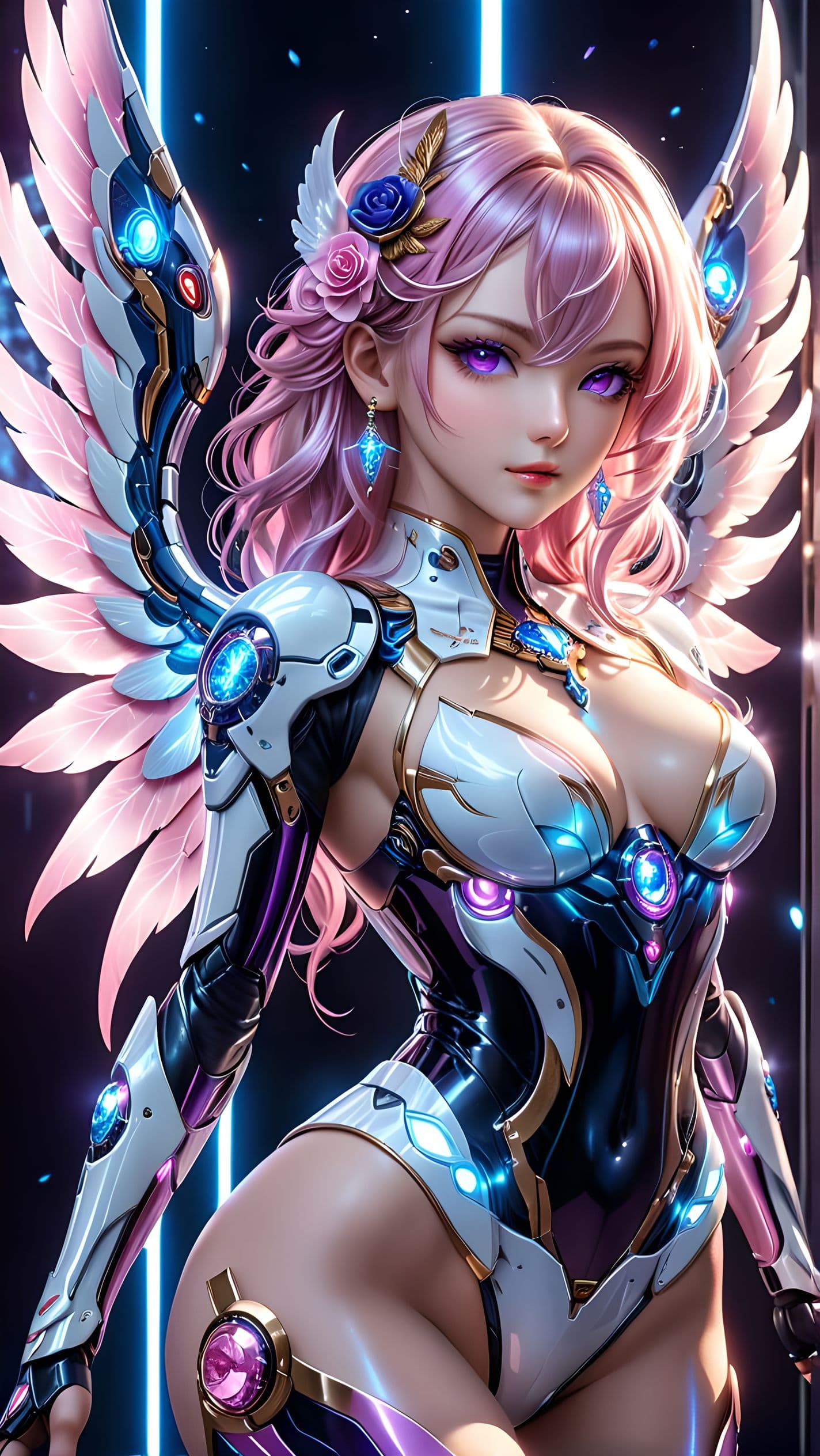 AI generated: A futuristic cyborg-themed elegant female character design. The character wears a lavish dress in sh...