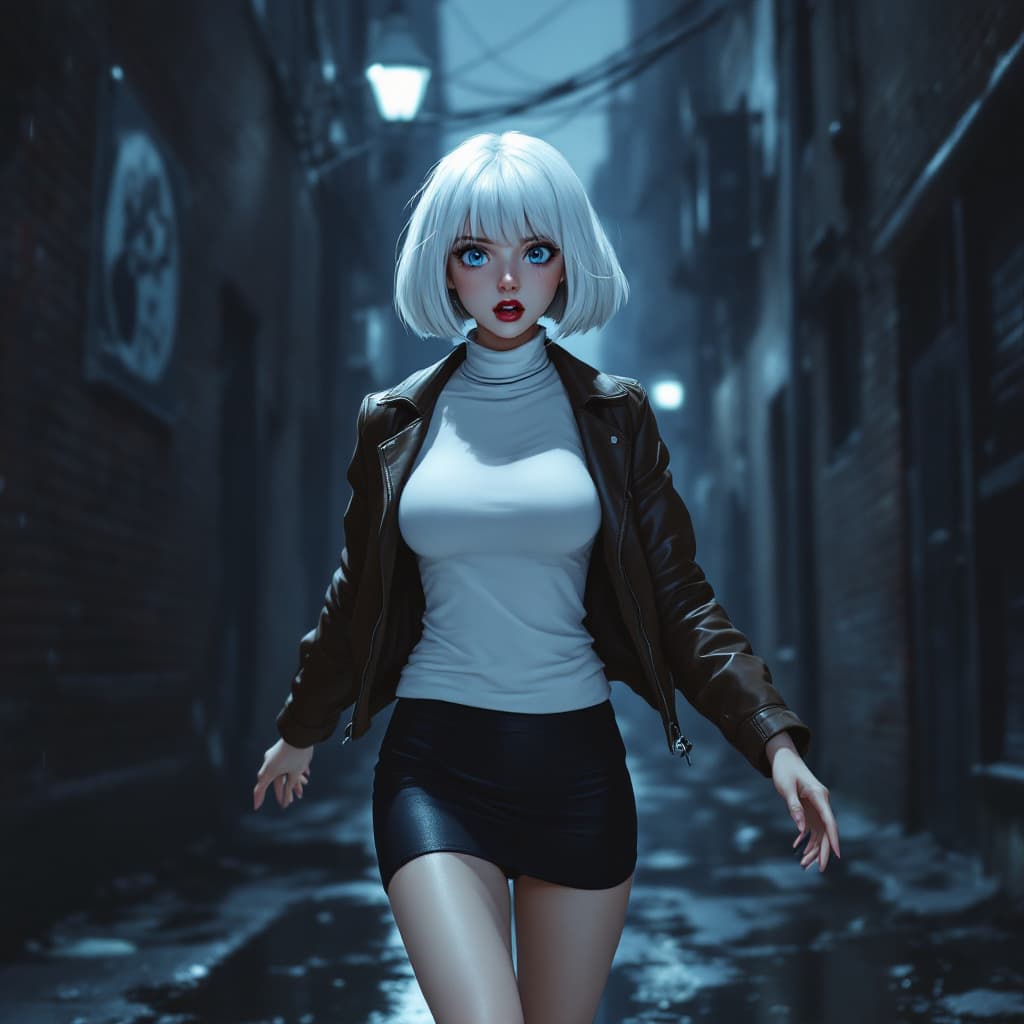 AI generated: anime, woman, white hair, bob cut, blue eyes, freckles, red lips, white turtle neck sweater, tight t...