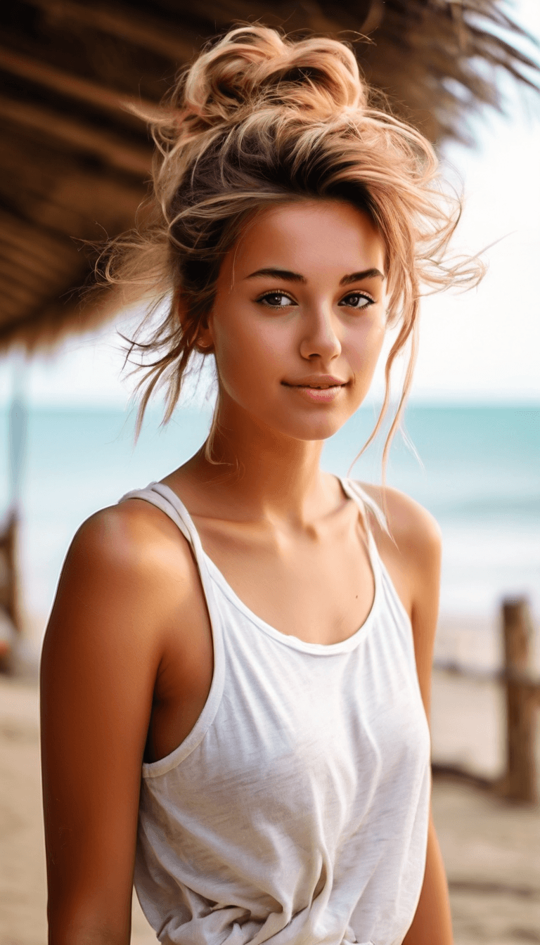 AI generated: A beatiful girl, messy bun brown with blonde highlights hairstyle, casually standing, beach outdoor ...