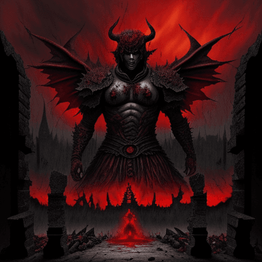 AI generated: Berserk style, Super detailed Lucifer's Ruins, Blood red sky, Devilish figure, demonic rituals, dark...