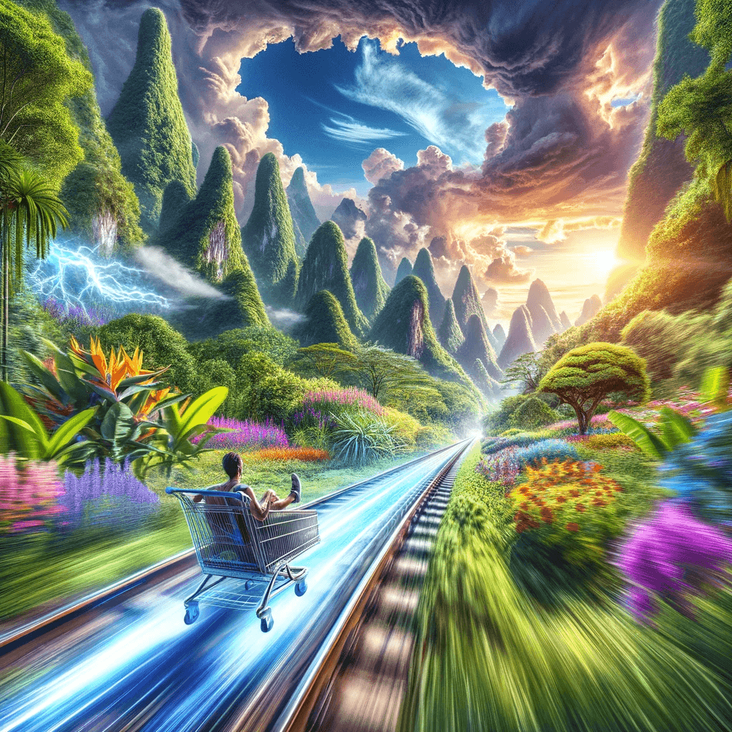 AI generated: Imagine feeling the rush of wind against your face as you speed down a railway in a simple shopping ...