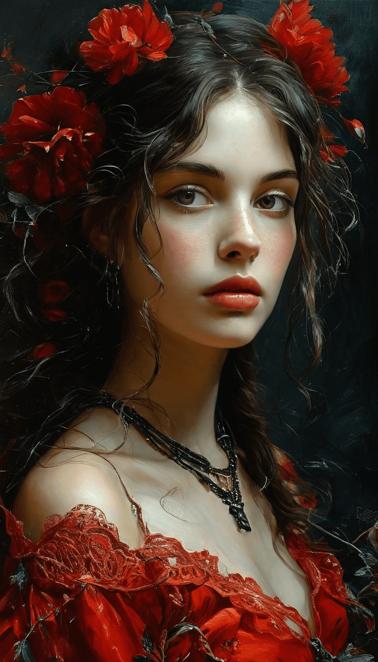 AI generated: A portrait of a gorgeous young woman, highly details, 16K, in the style of red and black, fantasy ar...