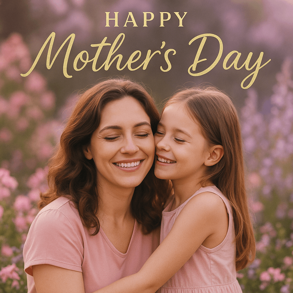 AI generated: [Mother's Day] wishes poster, featuring [a smiling mother and daughter in a blooming flower garden],...