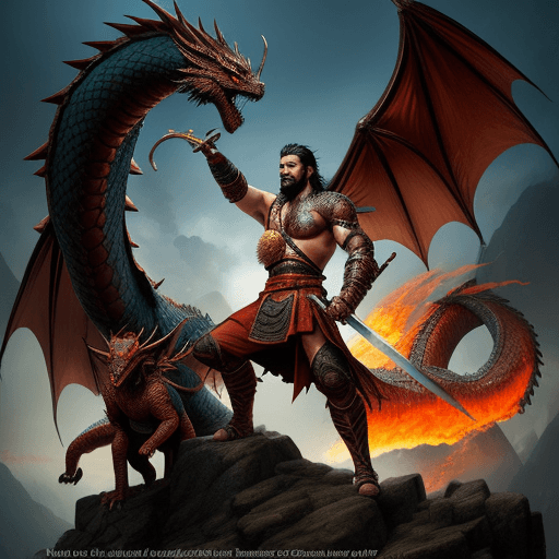 AI generated: a warrior man with sword between a two magnificent dragon. fire and disaster background