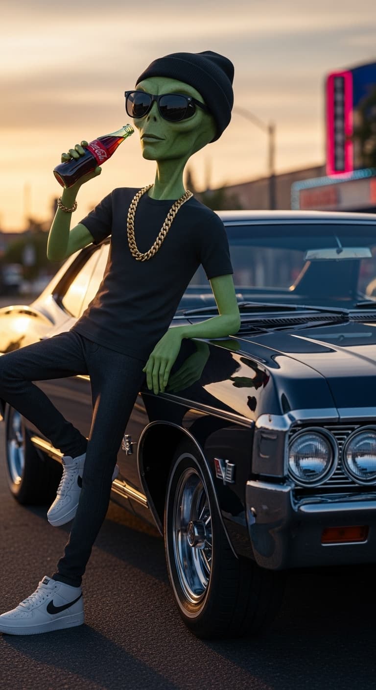 AI generated: an alien drinking coca cola, he wears a black beanie, black sunglasses, cuban cut gold necklace, nik...