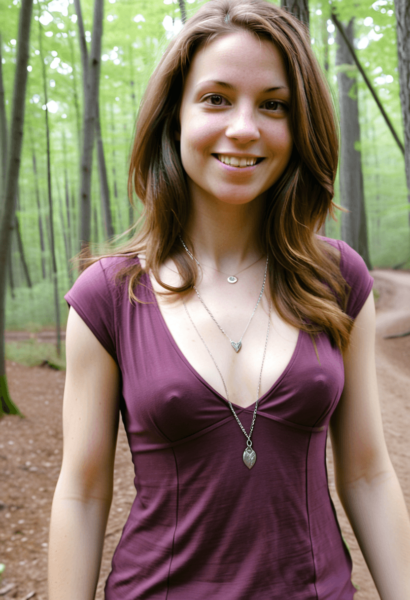 AI generated: This is a photograph of a woman walking through a forest in the middle of the day. Long brunette hai...