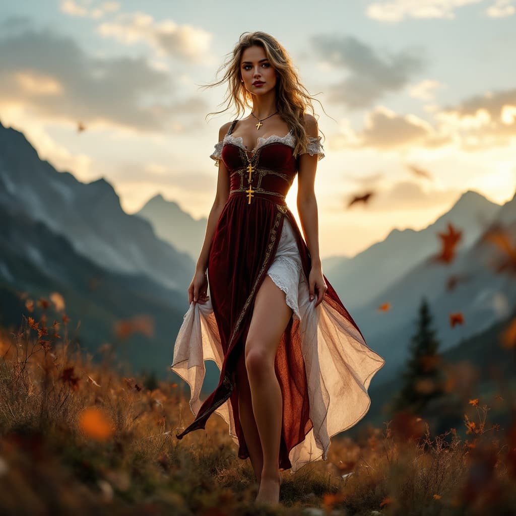 AI generated: wìfull body view of a Wide shot angle, a confident and alluring woman in a form-hugging Tracht dress...