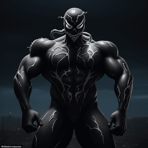 AI generated: Realistic photo, the two friends have Venom powers and are posing with their bodies muscular and sym...