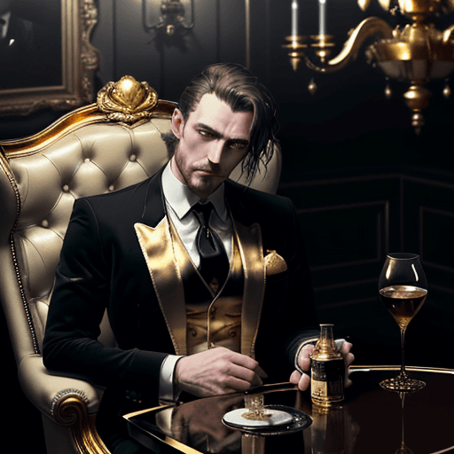 AI generated: 
dark and sad atmosphere in the foreground a golden table on the cream is money and whiskey in the b...