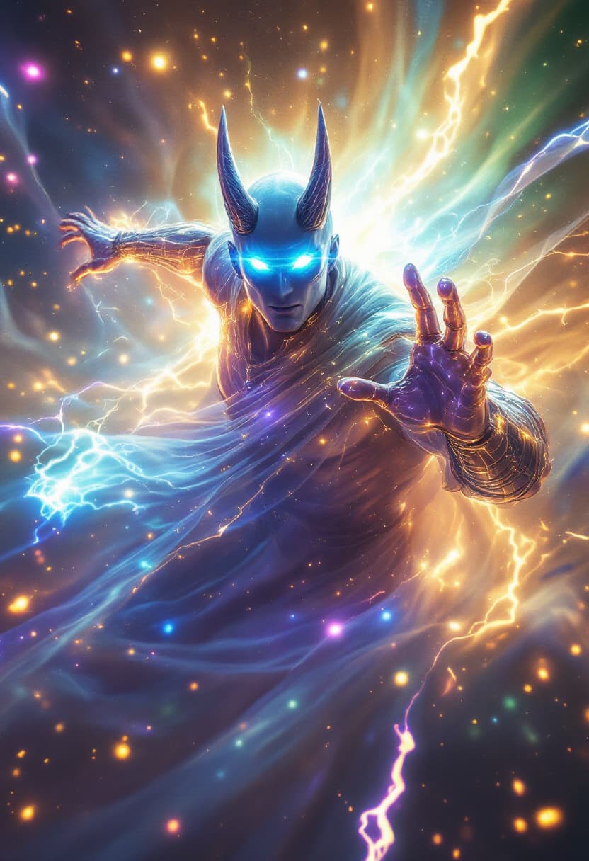 AI generated: God of Light and Illusions full-body, Etherial, muscular, Glowing white eyes, epic, cinematic, 8k, h...