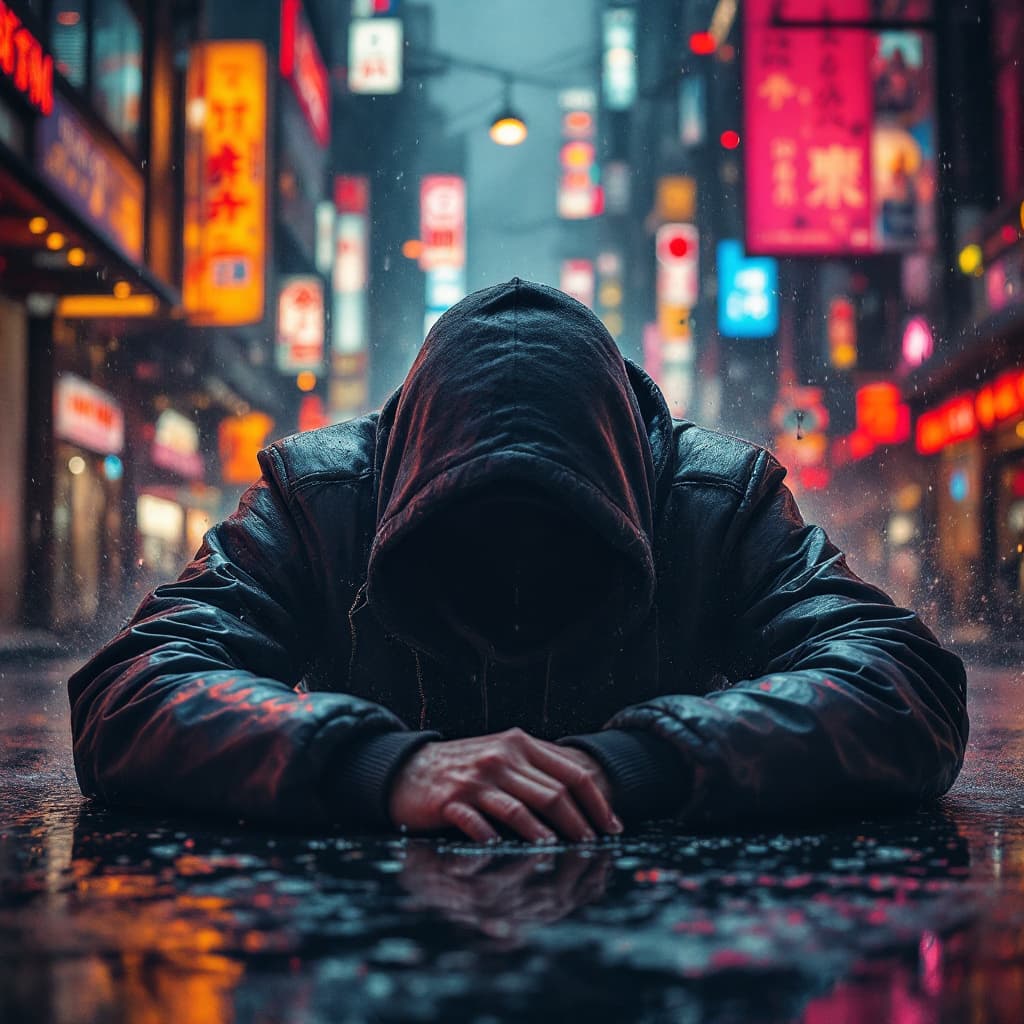 AI generated: a single drug addict in a Hyperralistic indie movie poster in Tokyo