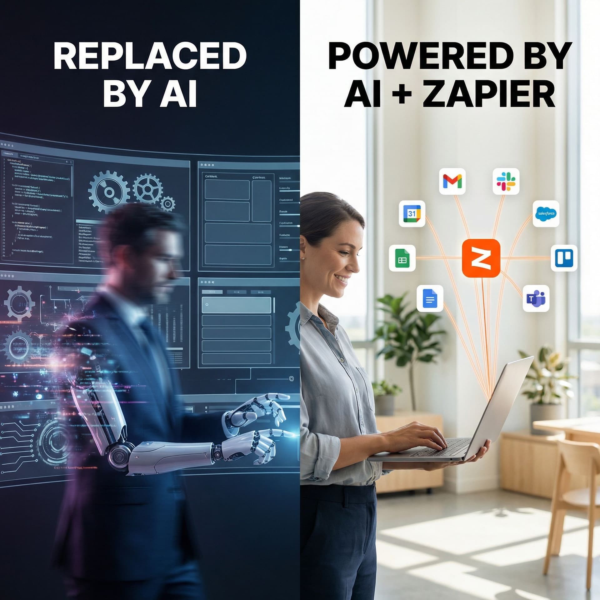 AI generated: Split-screen premium tech advertising image.

LEFT SIDE:
Dark futuristic scene, a human professional...
