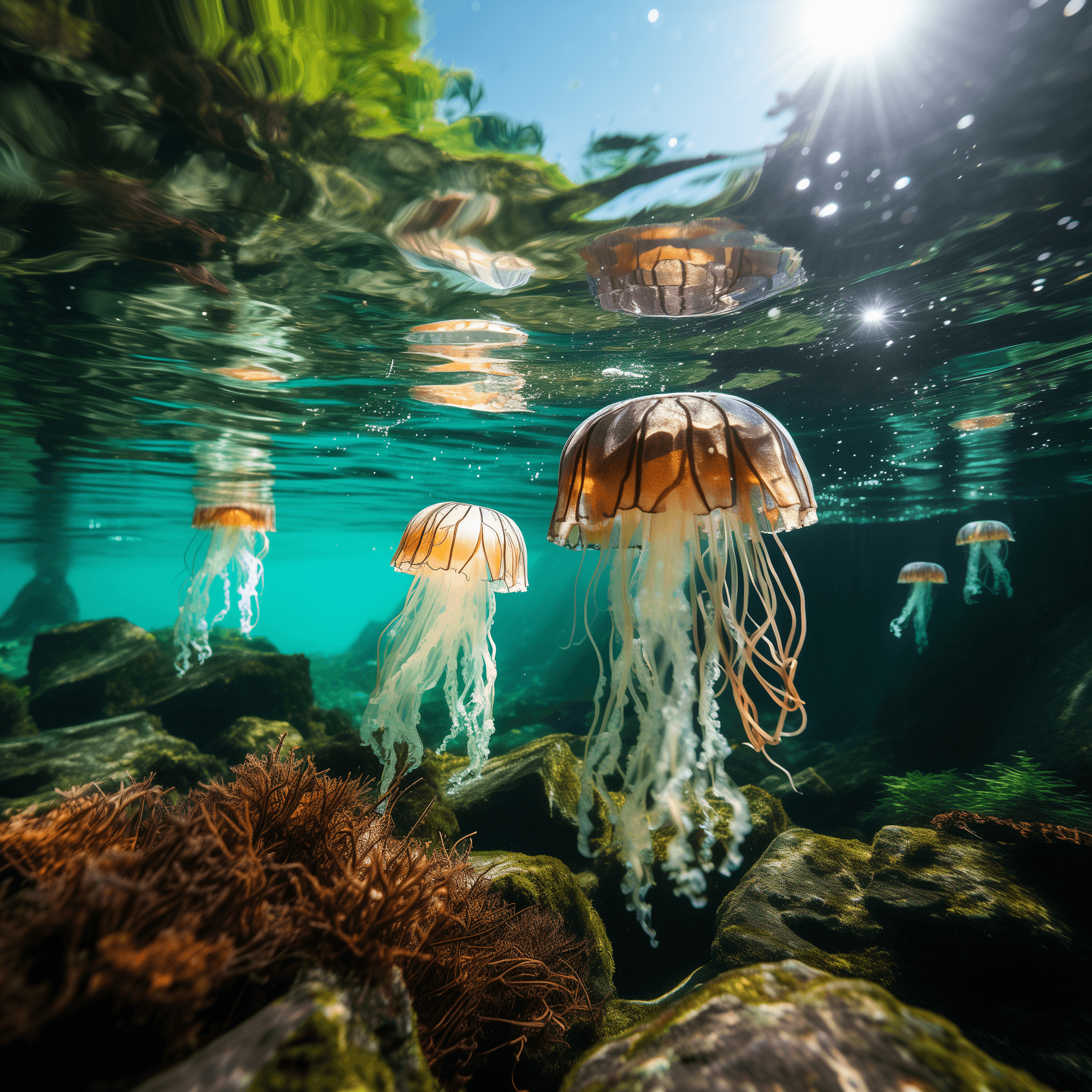 AI generated: Visualize a serene underwater scene where a school of bioluminescent jellyfish are drifting. The sho...