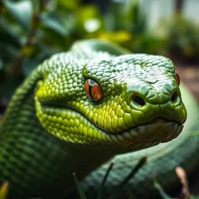 AI generated video: A giant Green snake is watching agressive, slowly moving forward 
