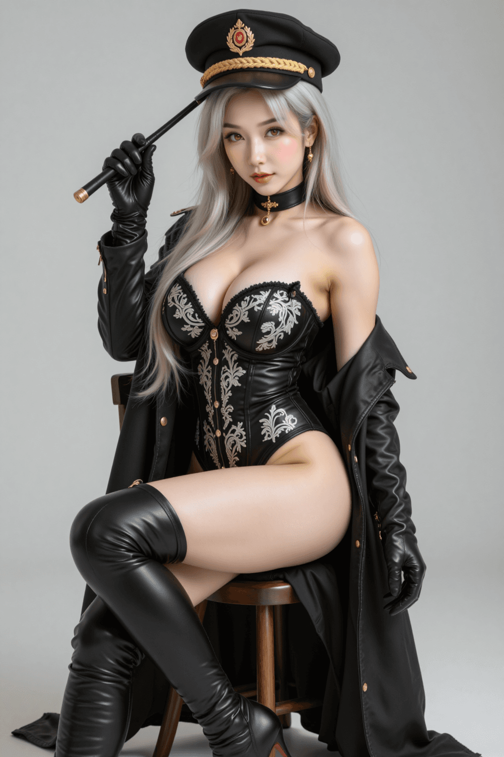 AI generated: Hyper-realistic studio portrait of a beautiful young East-Asian woman cosplaying as a dominant milit...