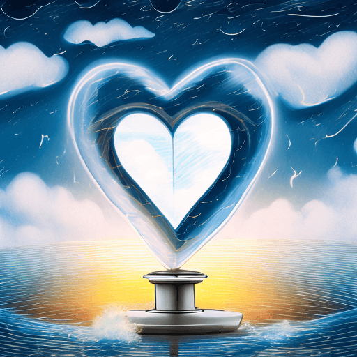 AI generated: AN ILLUSTRATION OF A HUMAN HEART MADE OF TRANSLUCENT GLASS, STANDING ON A PEDESTAL AMIDST A STORMY S...