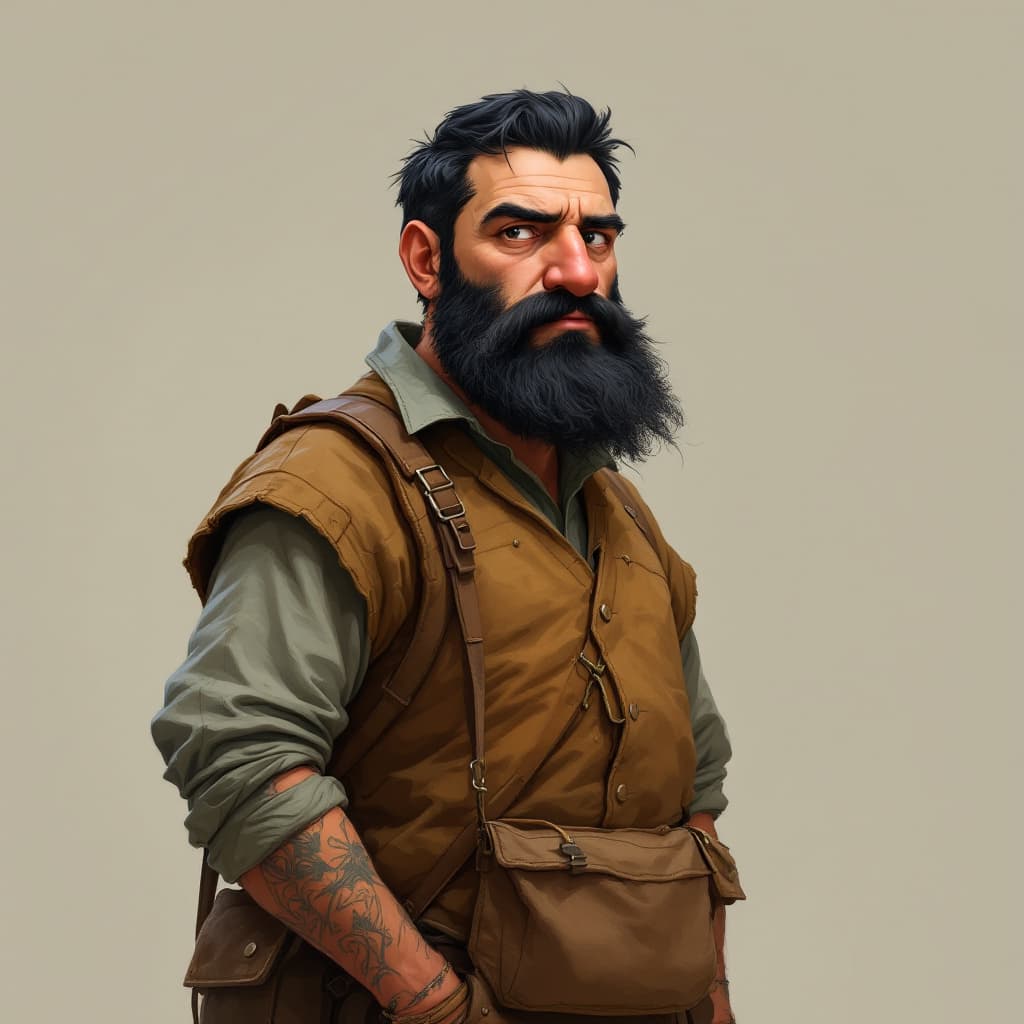 AI generated: Human artificer early thirties, black hair short beard, no mustache, very large nose, 5 feet tall, r...