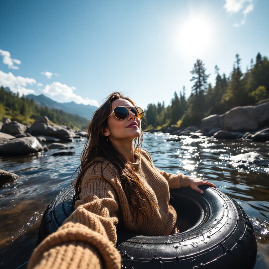 AI generated: woman relaxing on a tire floating in the river, boulders and trees along the bank, sun shining high ...