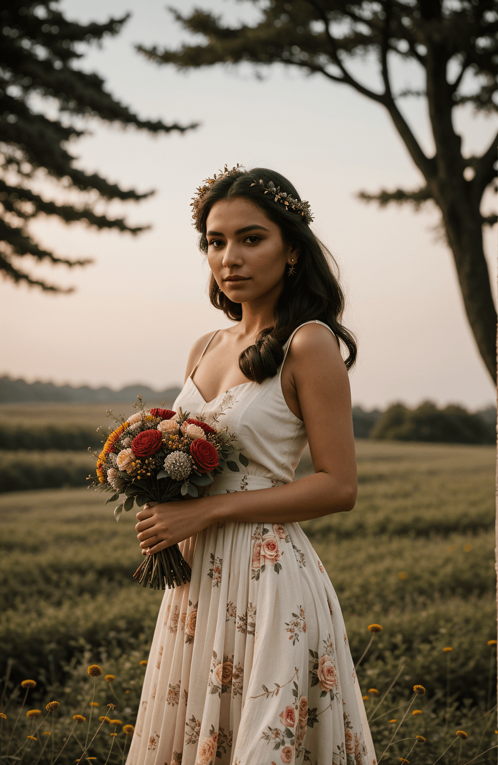 AI generated: a beautiful award winning full length portrait of a dusky maiden wearing a chic floral dress, she is...