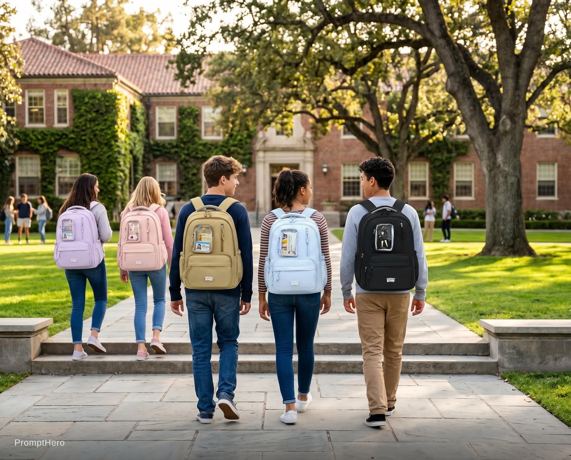 AI generated: School bags with students in School campus 