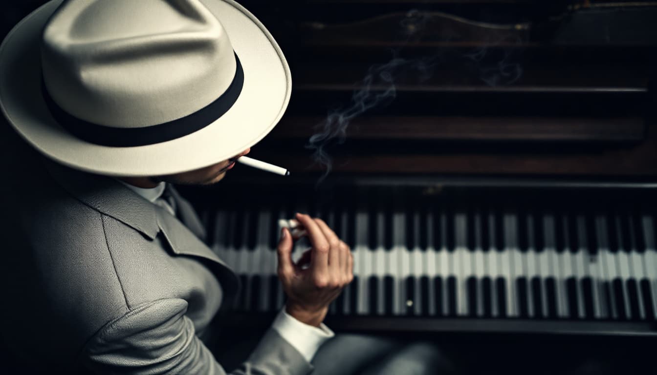 AI generated: portrait capturing the essence of a pianist with white hat from an overhead perspective smoking ciga...
