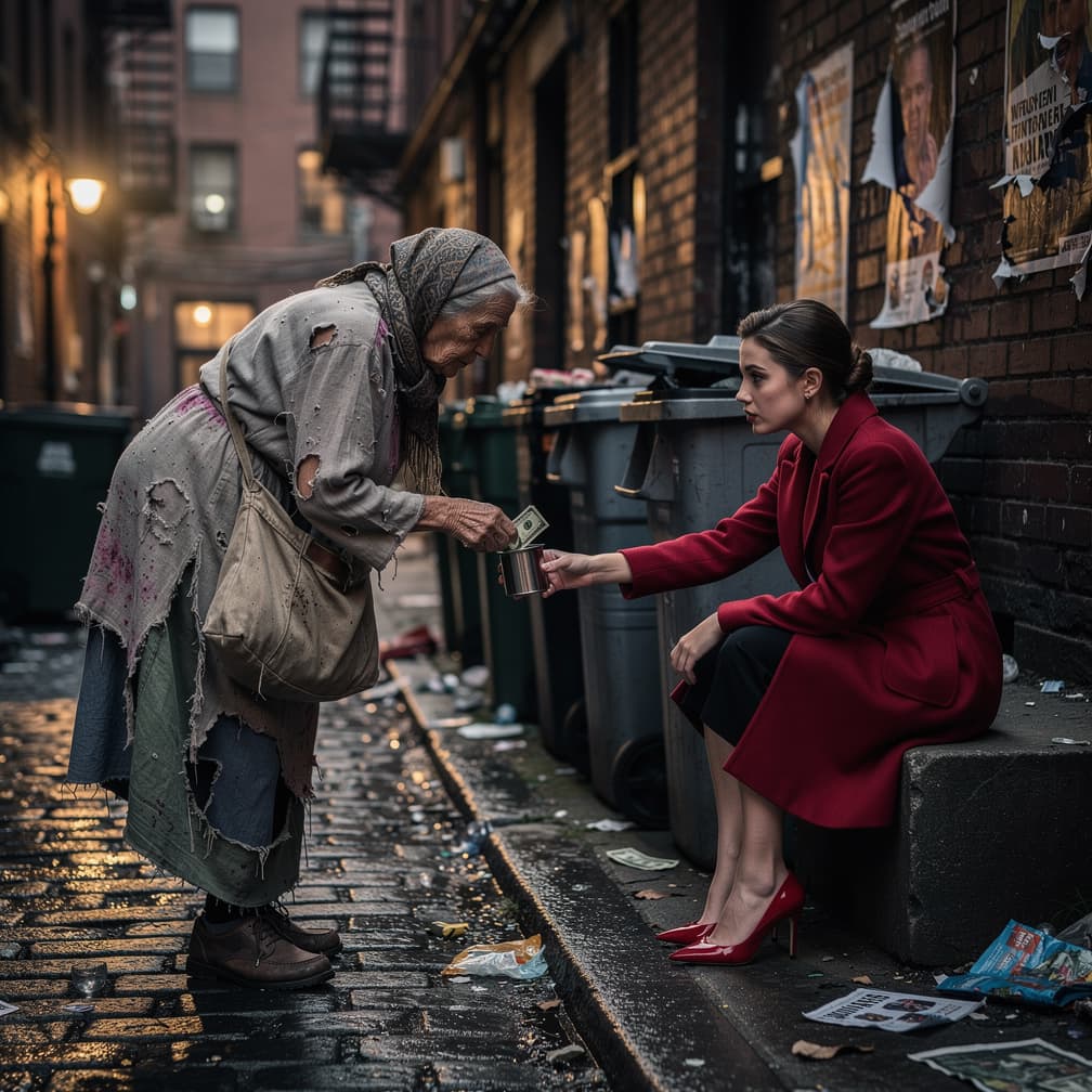 AI generated: back alley, trash cans, littered cobblestone pavement. A beautiful lady in an expensive red coat and...