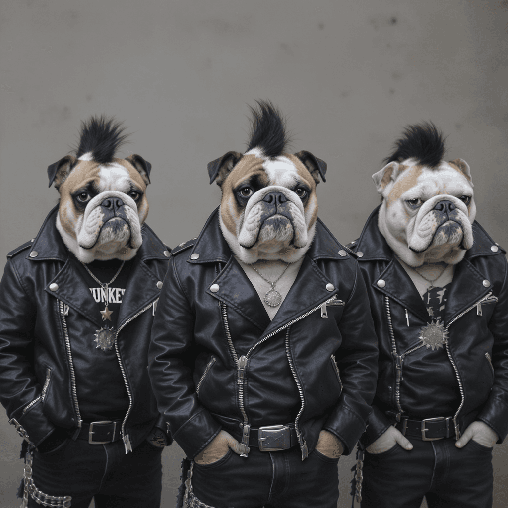 AI generated: Create a realistic video based on the provided image (three bulldogs dressed in punk outfits with le...