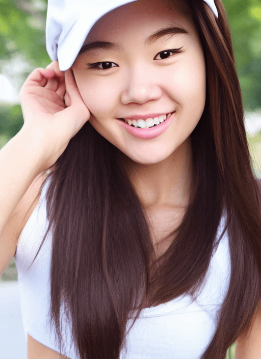 AI generated: (Face same reference), 1 girl, beautiful , wearing white cap, (2 hands in pants pockets:1. 5) (pants...