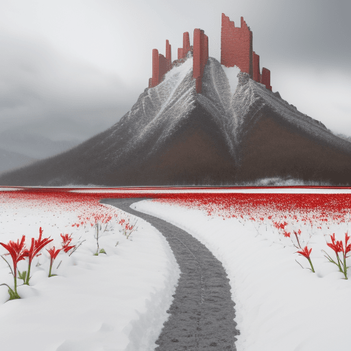 AI generated: Snow scenery, Snow road, blooming red lilies, two crumbled towers in the distance, grey clouds,