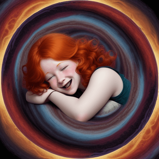 AI generated: "tribulations: swirling vortex of colours and laughing faces with depressed young red-headed woman c...