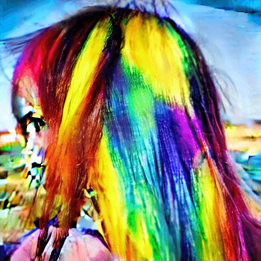 AI generated: Tween rainbow haired girl at the beach standing over the camera for a low angle up close photo.