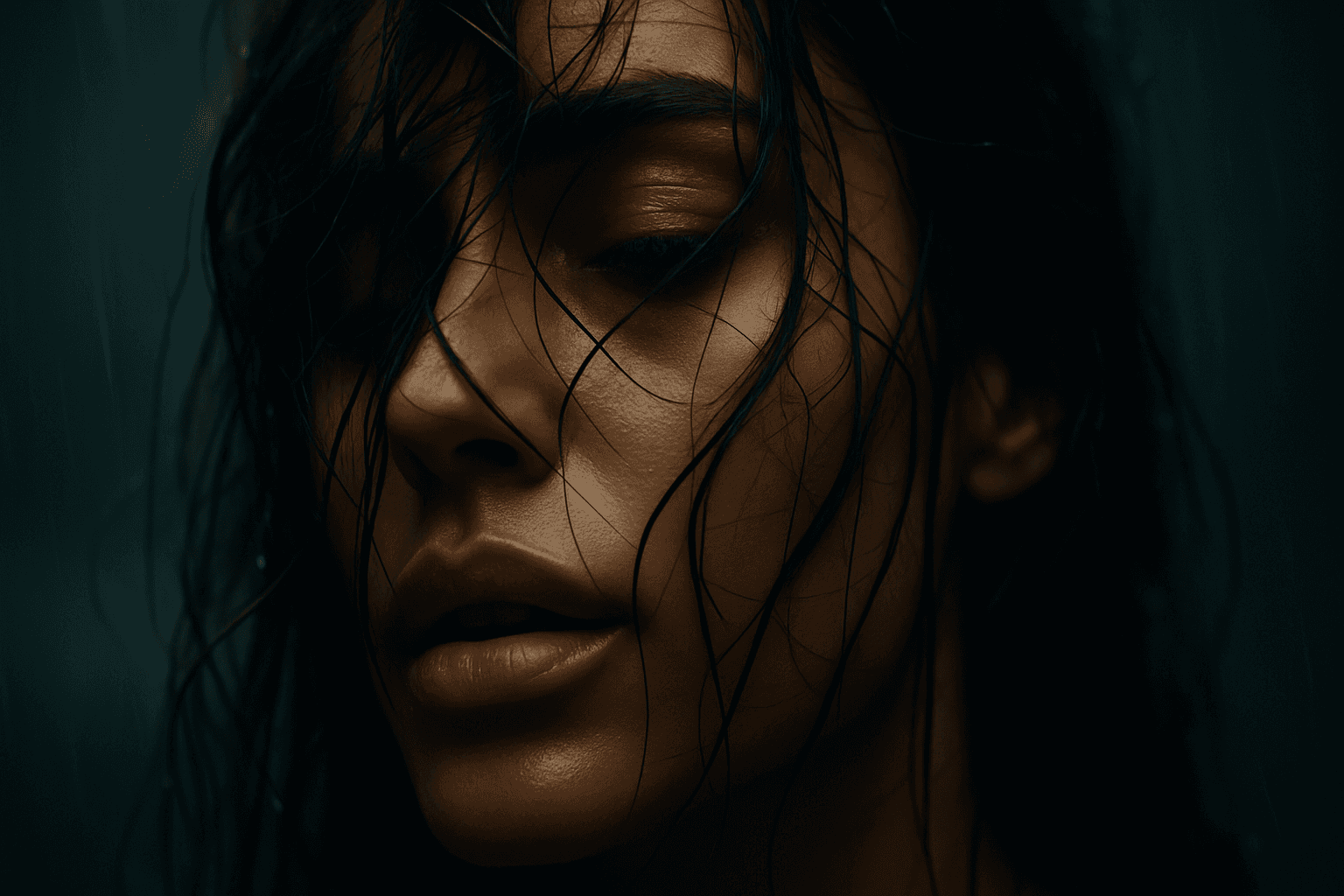 AI generated: create an image of Rain-kissed strands of hair fall like tangled ink across her face. The camera dar...