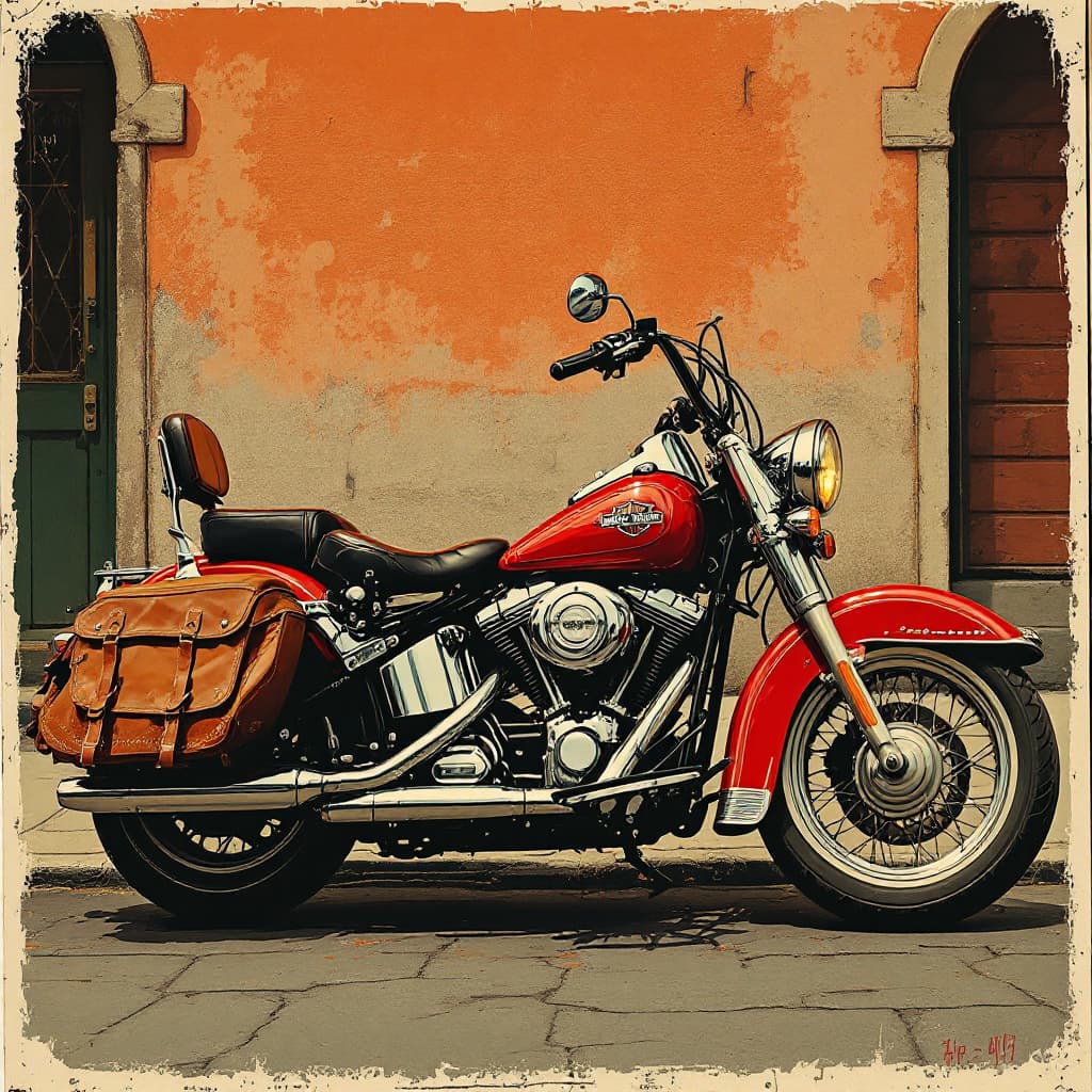 AI generated: A vintage style poster BP", with a red "Harley Davidson" motorcycle, and leather saddle bags parked ...