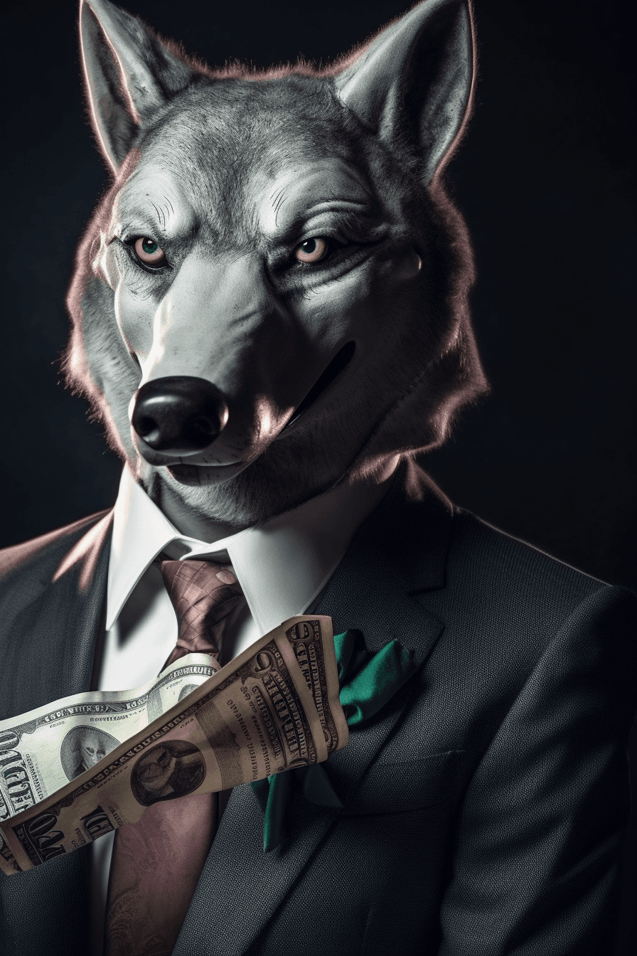 AI generated: Millionaire with a photorealistic Wolf's head:: 2 poses in pinstripe suit, in a Manhattan elite club...