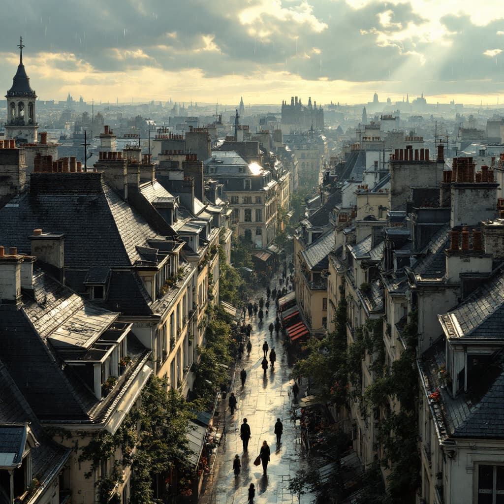 AI generated: hyper-realistic illustration, a panoramic view above the 1900s Paris rooftops after a summer rain, t...