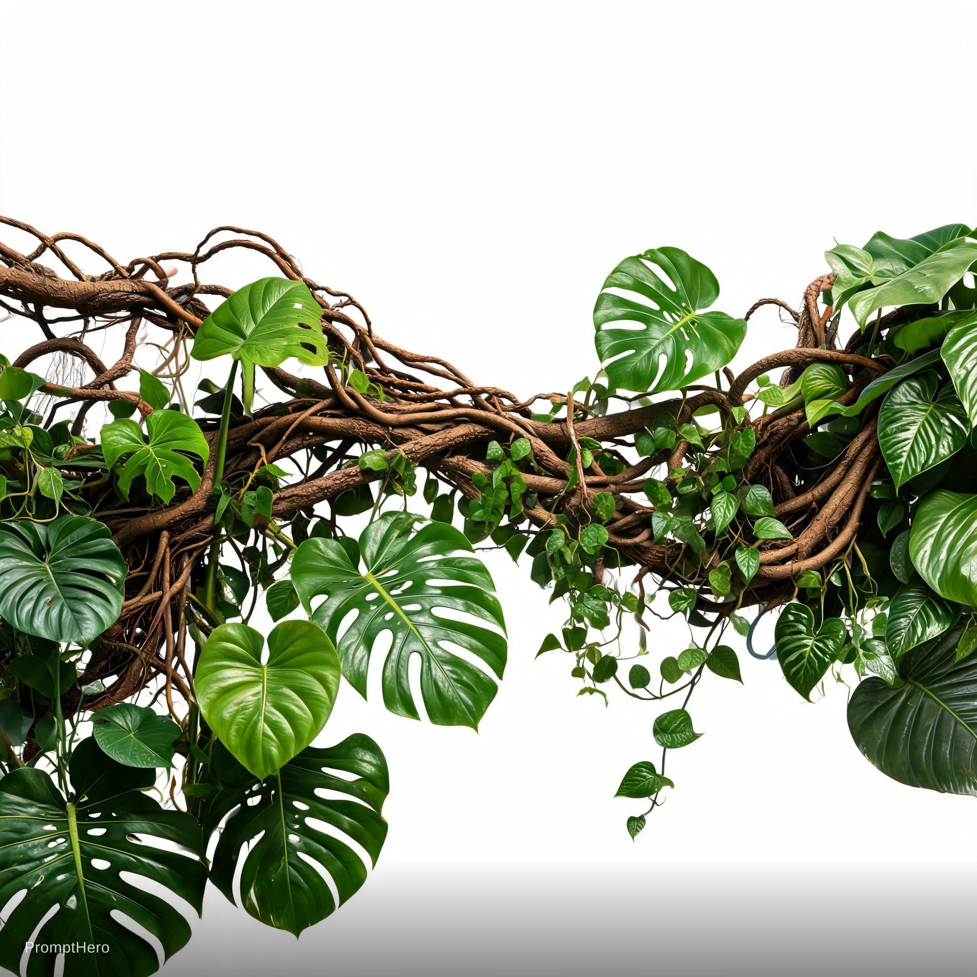 AI generated: leaf tropical jungle just seperate the vines and leafs on white cutout background. photo realistic.