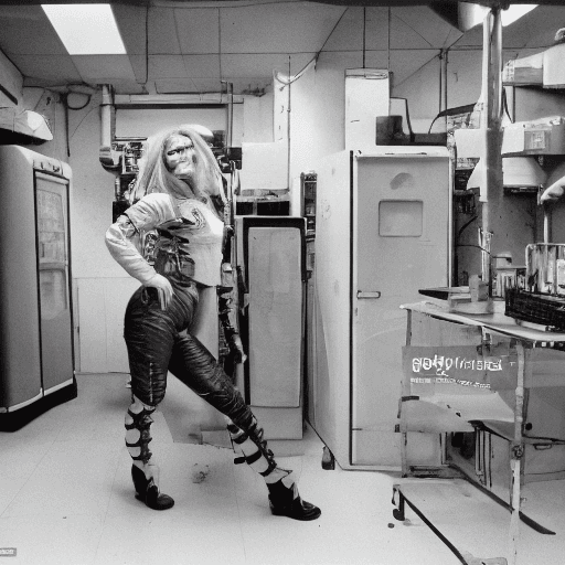 AI generated: Full-body photograph of a (beautiful:1.2) (female:1.2) cyborg, suspended in a worn-out, (cassette-fu...